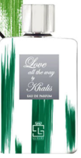 A perfume bottle with a white body, green vertical brushstroke patterns on the sides, and a silver cap. The front label reads 'Love all the way & Khali' and 'EAU DE PARFUM'.