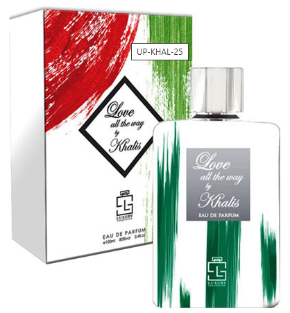 A bottle of Khalis Love all the way by Khalis Eau de Parfum next to its retail box. The packaging features a white base with bold red and green brushstroke patterns, and the bottle has a matching green and silver design.