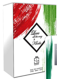 A perfume box for Khaleej Love, featuring a white background with bold red and green brushstroke designs, and a central black diamond logo containing white script.