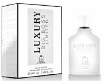 Luxury Big Boss Limited cologne bottle and its packaging box, featuring a frosted white bottle and a white box with black text.