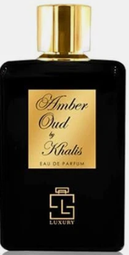 A black rectangular perfume bottle with a shiny gold cap and a gold label reading 'Amber Oud by Khaiti' and 'EAU DE PARFUM'. The bottle also features a gold 'LUXURY' logo at the bottom.