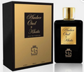 Amber Oud by Khalis Eau de Parfum bottle and its packaging box. The bottle is black with a shiny gold cap and a gold label, next to its black and gold box.