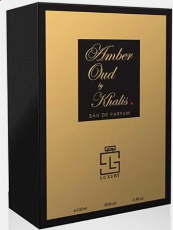 Amber Oud by Khalis Eau de Parfum box packaging, featuring a black and gold color scheme with elegant gold lettering on a black label.