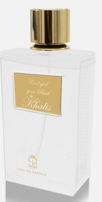 A rectangular white perfume bottle with a shiny gold cap and a gold label reading 'Cool girl zone Bad Khalis' and 'EAU DE PARFUM'.