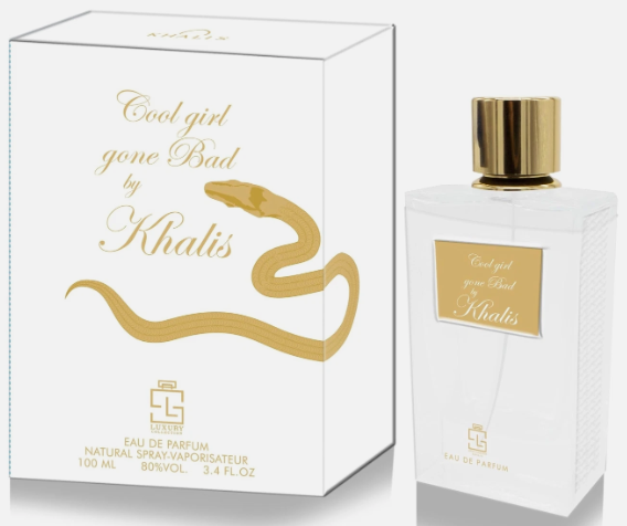Cool Girl Gone Bad by Khalis Eau de Parfum shown with its white box and clear glass bottle. The packaging features a gold snake graphic and gold lettering, and the bottle has a matching gold label and metallic gold cap.