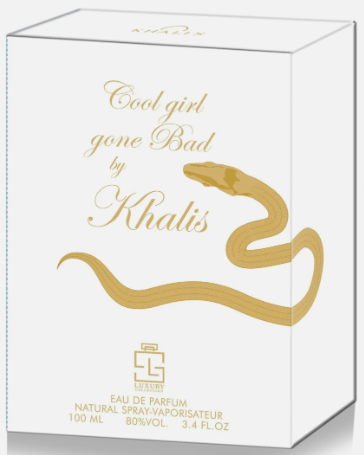 A white rectangular perfume box with elegant gold foil text reading 'Cool girl gone Bad by Khalis' and a gold snake illustration, shown on a clean white background.