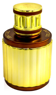 A cylindrical perfume bottle with a ribbed metallic gold body and cap, featuring a dark brown band and gold lettering that reads 'M. LABICHE' and 'PARFUM'.