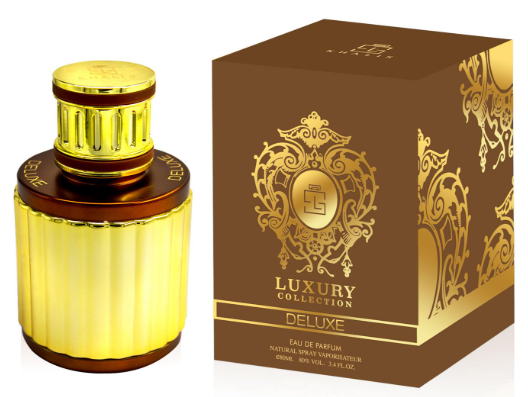 A luxury perfume bottle with a ribbed gold and amber-brown body next to its matching brown and gold box, labeled 'Luxury Collection Deluxe' on a white background.