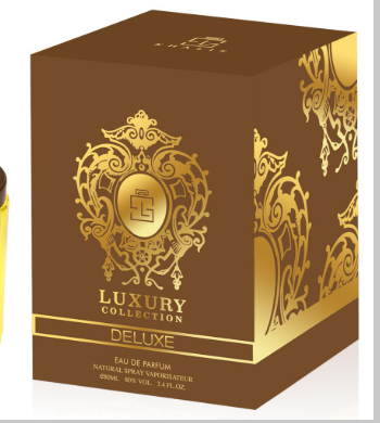 A luxury perfume box in dark brown with ornate gold detailing, featuring the text 'LUXURY COLLECTION DELUXE' and 'EAU DE PARFUM'.