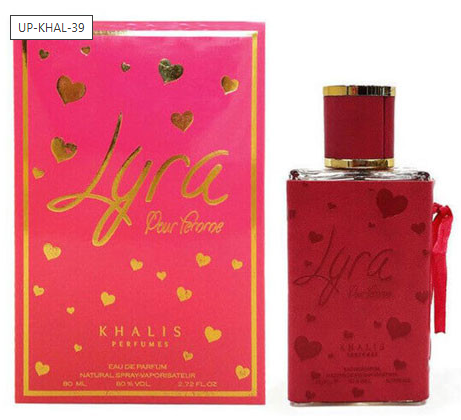 Lyra Pour Dorée perfume bottle and matching pink box by Khalis Perfumes, decorated with gold hearts and a red ribbon, on a white background.
