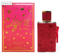 Lyra Pour Dorée perfume bottle and matching pink box by Khalis Perfumes, decorated with gold hearts and a red ribbon, on a white background.