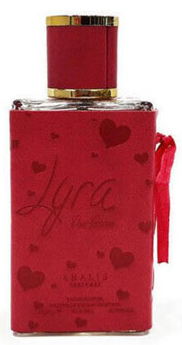 A red perfume bottle with a matching red cap and a red ribbon, featuring the brand name 'Lyra' and 'Arabia' printed on the front.