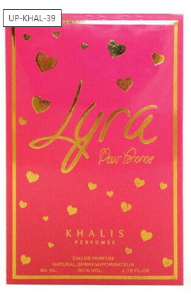 Lyra Pour Femme Eau de Parfum box by Khalis Perfumes, featuring a vibrant pink background with gold foil hearts and elegant gold script lettering.