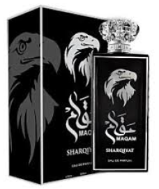 A bottle and box of Sharqiyat Magam Eau de Parfum, featuring a black and white eagle graphic design on the packaging.