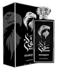 A bottle and box of Sharqiyat Magam Eau de Parfum, featuring a black and white eagle graphic design on the packaging.