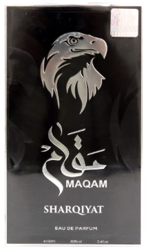 Maqam Sharqiyyat Eau de Parfum box packaging, featuring a black background with a silver eagle head logo and Arabic calligraphy.