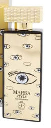 A close-up of a perfume bottle labeled 'MARS STYLE' with a gold cap and a cream-colored body decorated with illustrated eyes.