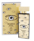 Marsa Style Eau de Parfum bottle and its packaging box, both featuring a gold and white design with a prominent stylized eye graphic.