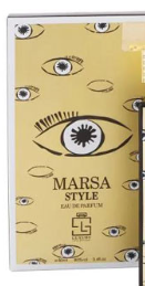 A close-up of a gold cosmetic package with repeated illustrated eye graphics and the text 'MARSA STYLE' and 'EYE OIL REMOVER'.
