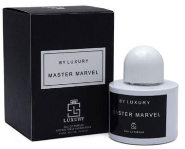 A bottle of Master Marvel Eau de Parfum next to its black packaging box, both featuring a white and black label with the brand name 'BY LUXURY MASTER MARVEL'.