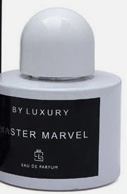 A white cylindrical perfume bottle with a matching white dome cap, featuring a black label that reads 'BY LUXURY MASTER MARVEL' and 'EAU DE PARFUM'.