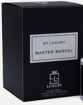 A black rectangular perfume box labeled 'BY LUXURY MASTER MARVEL' with a small bottle partially visible on the right side against a white background.