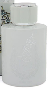 A close-up of a white cylindrical bottle with a ribbed cap, featuring an embossed floral design on the front.