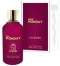 New Monday Luxury Eau De Parfum bottle in a deep magenta color with a gold cap, shown next to its matching magenta and white packaging box.