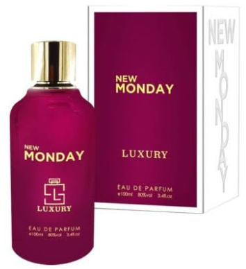 New Monday Luxury Eau De Parfum bottle in a deep magenta color with a gold cap, shown next to its matching magenta and white packaging box.