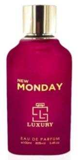 A magenta pink perfume bottle with a shiny gold cap, labeled 'New Monday Luxury Eau de Parfum'.