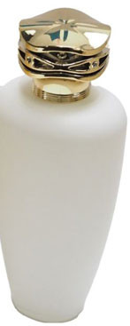 A white cylindrical bottle with a metallic gold cap featuring a stylized sunburst or star design, shown against a plain white background.
