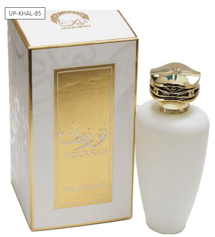 A bottle of Sharnivat Nourhani Eau de Parfum next to its white and gold packaging box, featuring a white bottle with a metallic gold cap and a gold label.