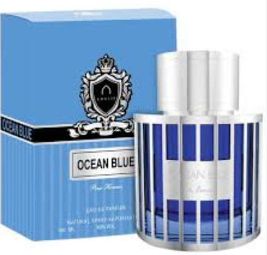 Ocean Blue perfume bottle and its blue packaging box, featuring a silver and blue striped design with a crest logo.