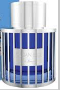 A cylindrical blue and silver fragrance bottle with a white cap, shown against a light blue background.
