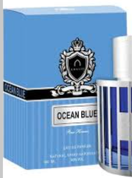Ocean Blue Fresh Marine cologne by Arois, showing the blue and white striped packaging box alongside the matching glass spray bottle.
