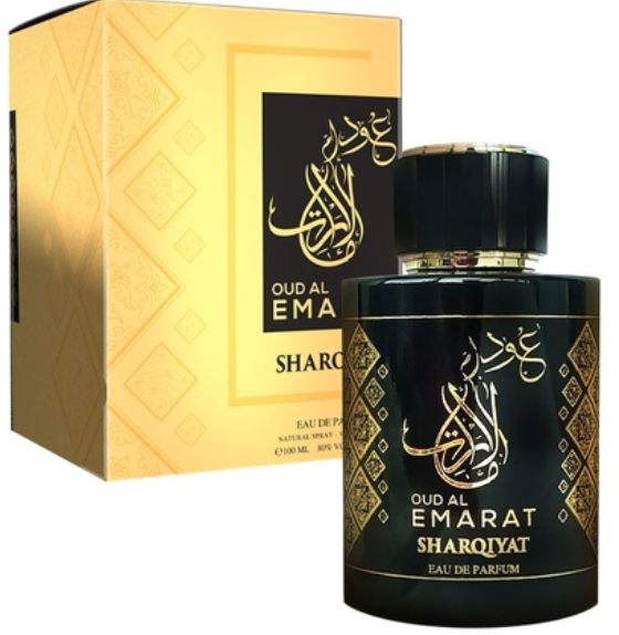 A bottle of Oud Al Emarat Sharqiyat Eau de Parfum next to its gold and black packaging box, featuring elegant Arabic calligraphy on a white background.