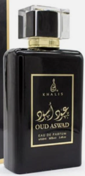 A black rectangular perfume bottle with a clear cap and a gold-bordered front label reading 'KHALIS OUD ASWAD' and 'EAU DE PARFUM'.