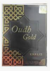 Oudh Gold Khalis incense stick packaging, featuring a black box with gold Arabic calligraphy and traditional geometric borders.