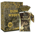 Oudh Woody Eau de Parfum bottle with a matching ornate box, featuring a dark brown and gold color scheme with a crown logo.