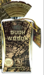 A bottle of Budh Wood Eau de Parfum with a textured dark brown and gold label, shown against a white background with a decorative gold cap and tag.