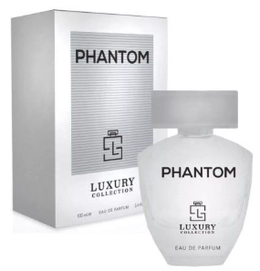 Phantom Luxury Collection Eau de Parfum bottle and its silver packaging box, featuring a minimalist design with black text.