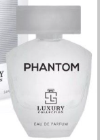 A frosted glass perfume bottle labeled PHANTOM by Luxury Collection, with a silver cap, shown against a white background.