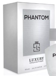 Phantom Luxury Collection Eau de Parfum box packaging, featuring a white and silver design with the brand name PHANTOM and collection name LUXURY COLLECTION printed on the front.