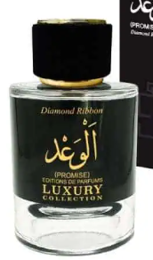 A bottle of luxury cologne from the 'Diamond Ribbon' collection, featuring a clear glass bottle with a black cap and a black label with gold lettering and Arabic script.