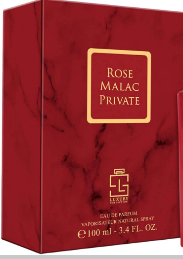 A red marble-patterned perfume box for Rose Malac Private Eau de Parfum, featuring gold lettering and a small Luxury Collection logo, shown on a white background.