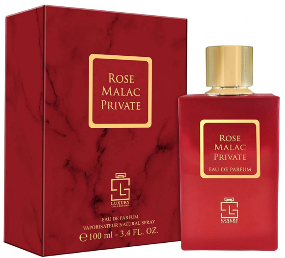 Rose Malac Private Eau de Parfum bottle and its matching red marble-patterned box, both featuring gold lettering and a gold cap, set against a plain white background.