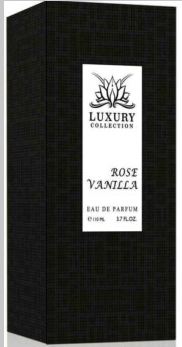 A black rectangular perfume box with a white central label reading 'LUXURY COLLECTION' and 'ROSE VANILLA EAU DE PARFUM 10ML'.