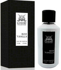 Luxury Collection Rose Vanilla Eau de Parfum bottle next to its black textured packaging box, featuring a white and black label design.