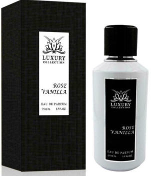 Luxury Collection Rose Vanilla Eau de Parfum bottle next to its black textured packaging box, featuring a white and black label design.