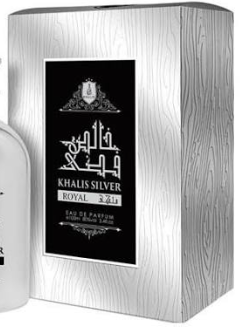 A silver-toned rectangular perfume box with a woodgrain texture, featuring a black front label that reads 'KHALIS SILVER ROYAL' and 'EAU DE PARFUM'. A partial white bottle is visible at the left edge.